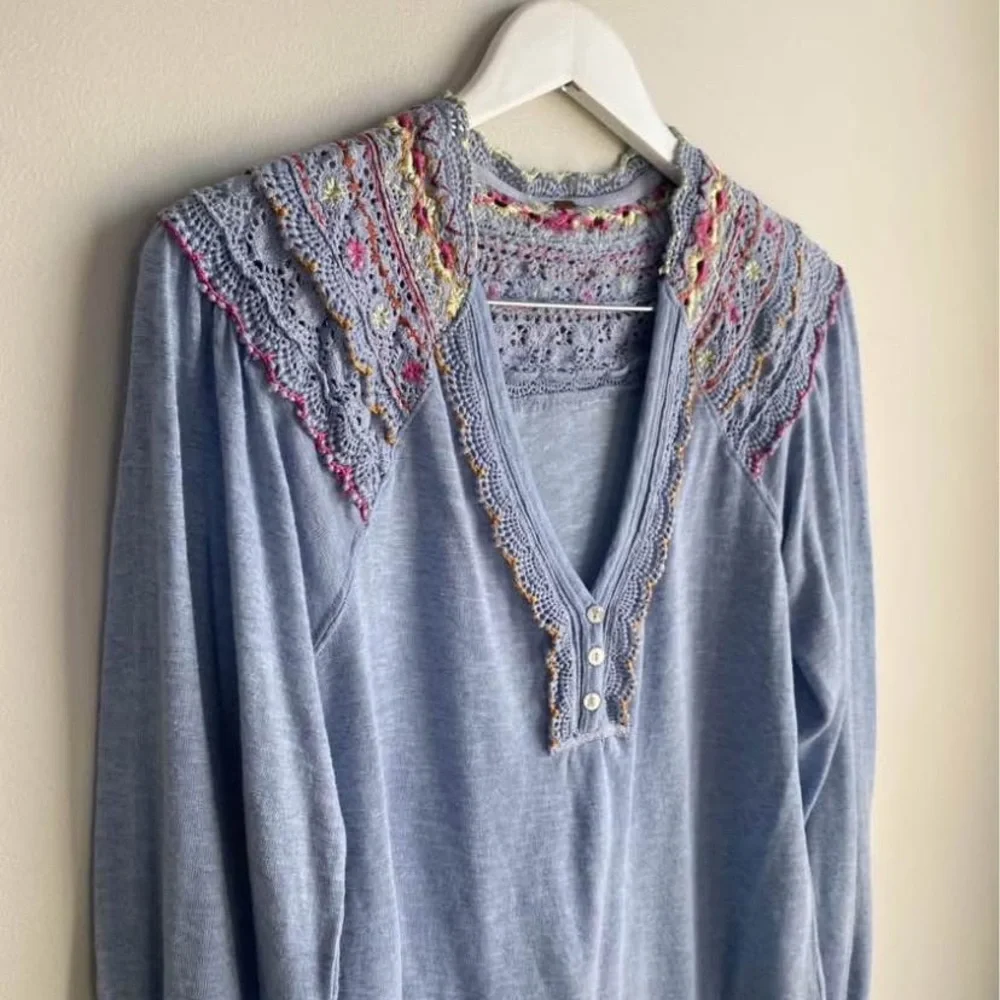 Free People Spring Fiesta Siesta Blue Blouse with Bohemian Embroidery - Picture 6 of 7
